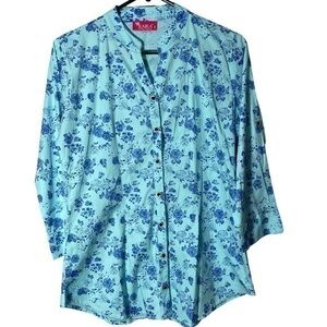 Kaira Women’s Button Down 3/4 Sleeve Top Size L Color Blue/Teal